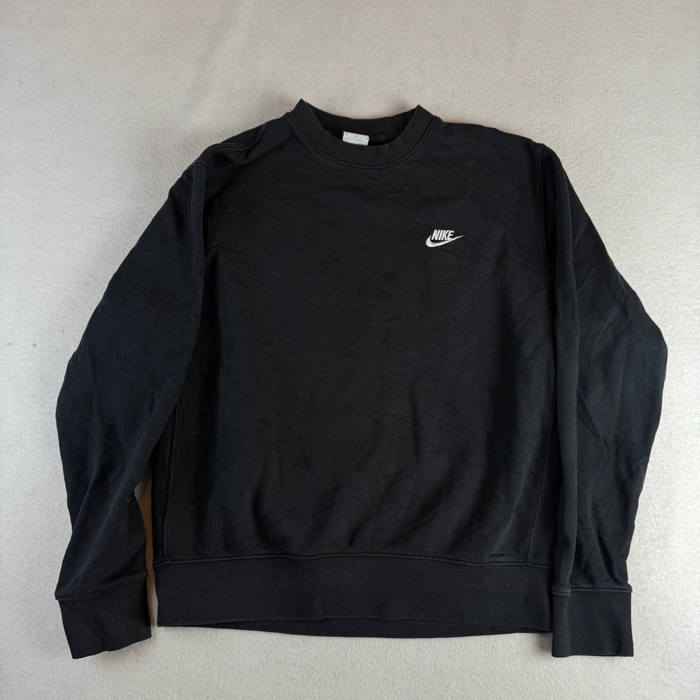 Nike Mens Sportswear Club Fleece Crewneck Sweatshirt Black White Logo Medium